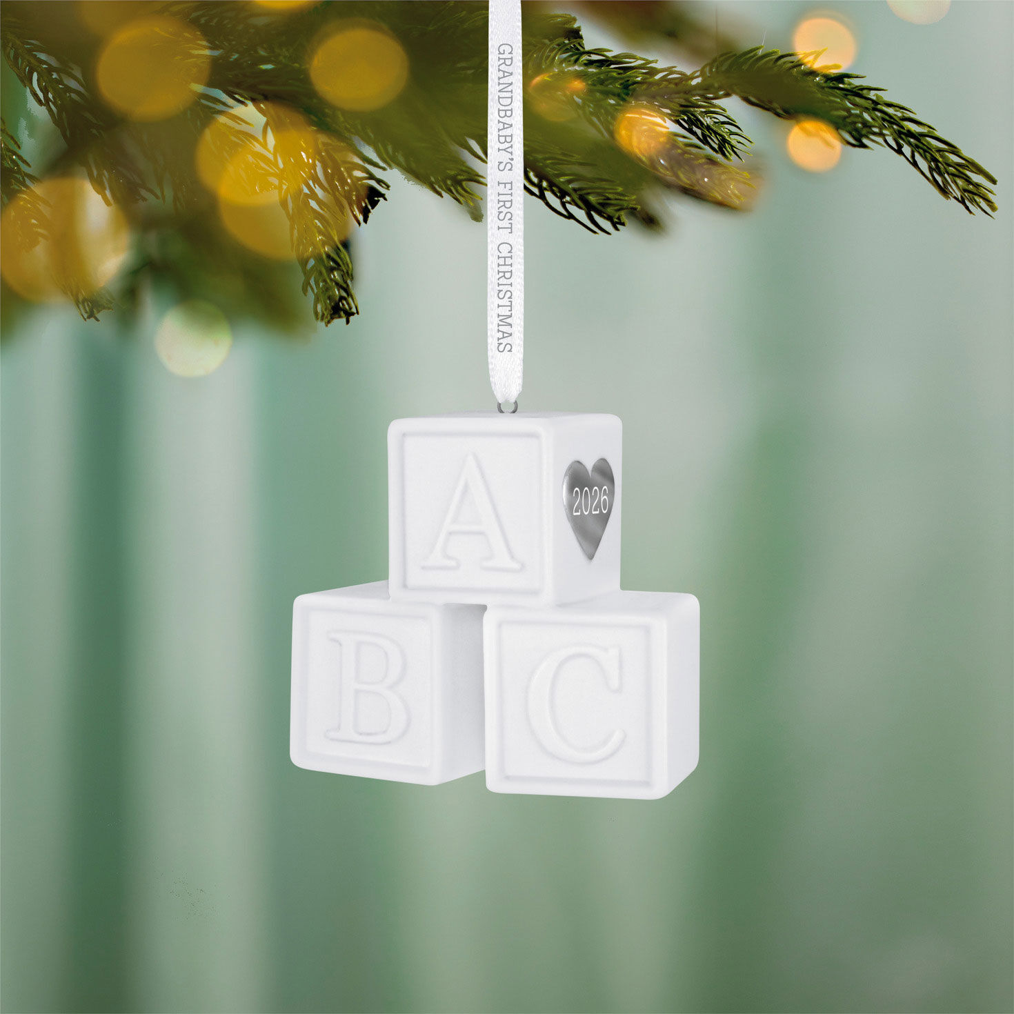 White ABC Blocks Keepsake Ornament hanging on tree image number 2