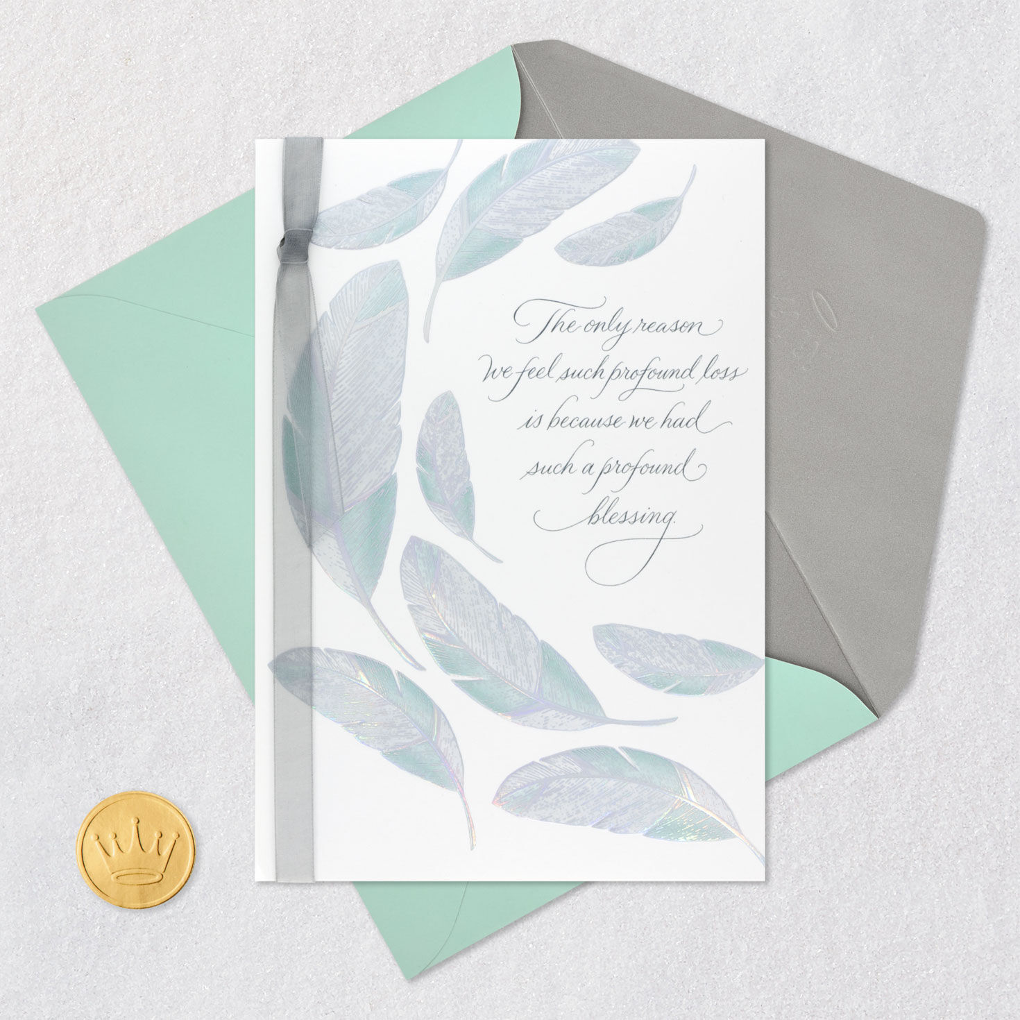Pastel Feathers and Ribbon Sympathy Card Card Front with Envelope and Gold Seal image number 5