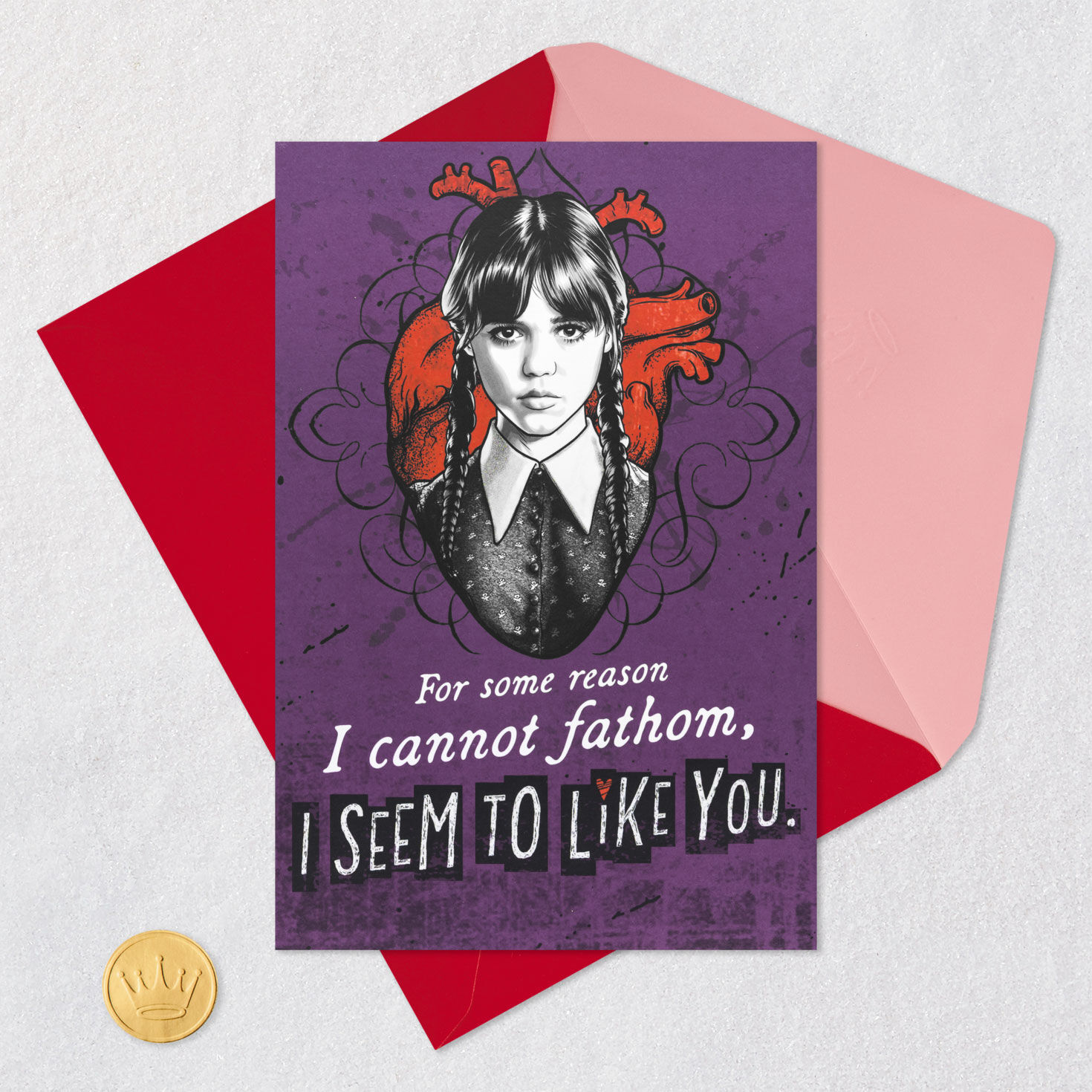 Wednesday Addams Purple Valentine's Day Card Card Front with Envelope and Gold Seal image number 4