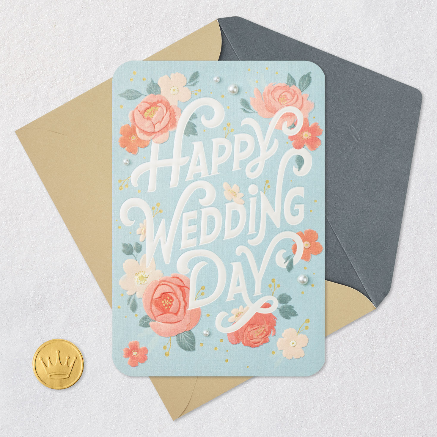 Pink Flowers on Light Blue Wedding Card Card Front with Envelope and Gold Seal image number 5
