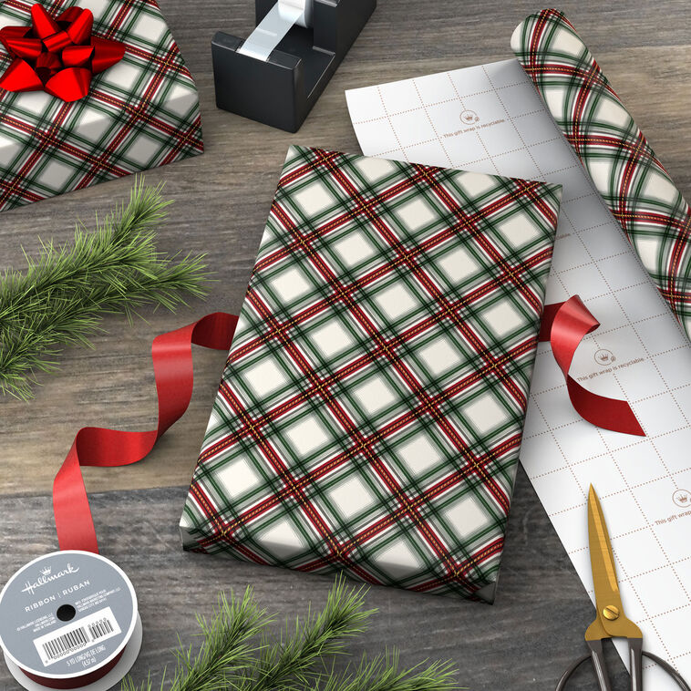 Festive Red and Green Plaid Christmas Wrapping Paper in use image number 3