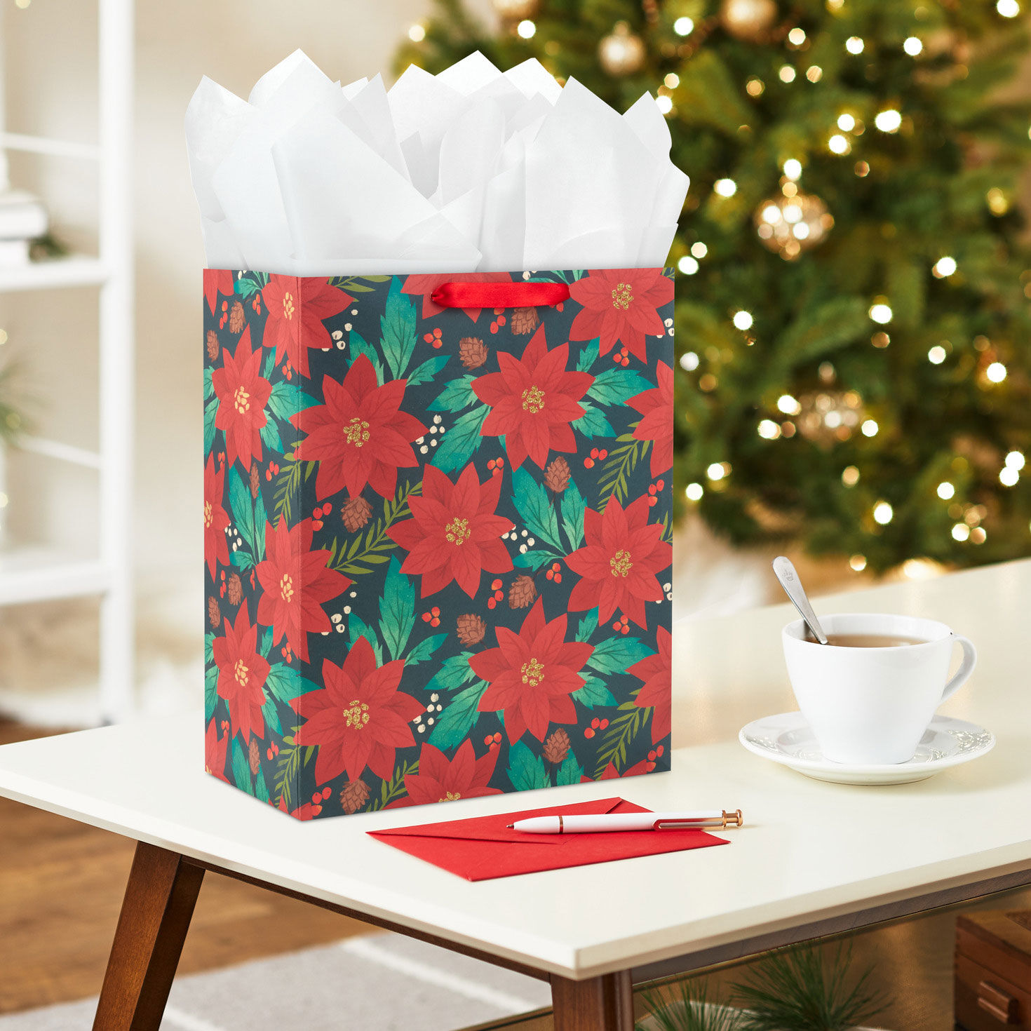 13 Red Poinsettias and Pinecones Large Holiday Gift Bag Gift Bags Hallmark