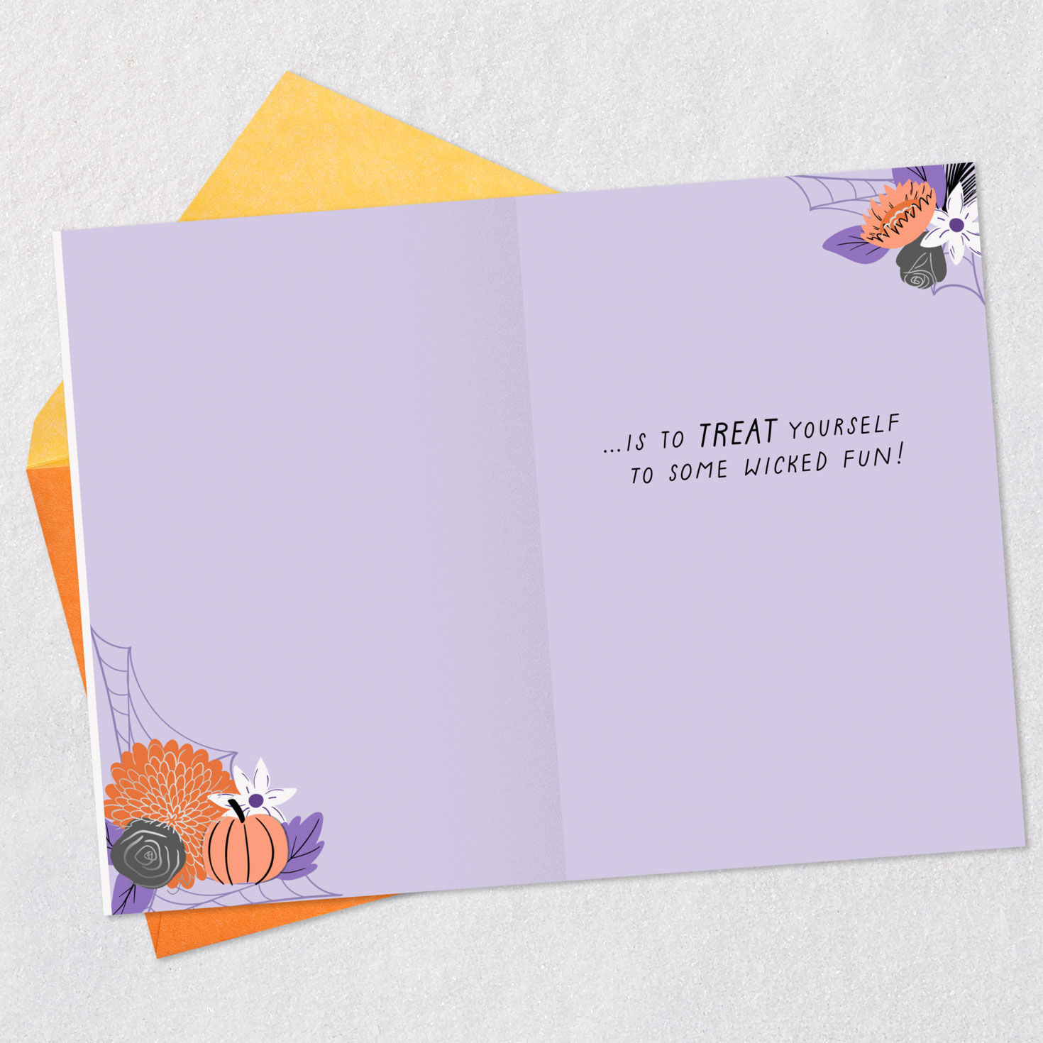 Orange and Black Cake Halloween Birthday Card Open card with envelope image number 3