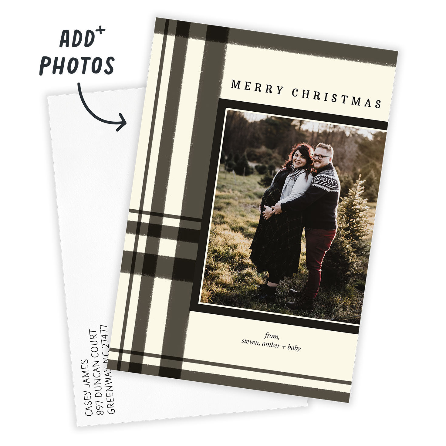 Black and Cream Plaid Flat Christmas Photo Card, , large image number 2
