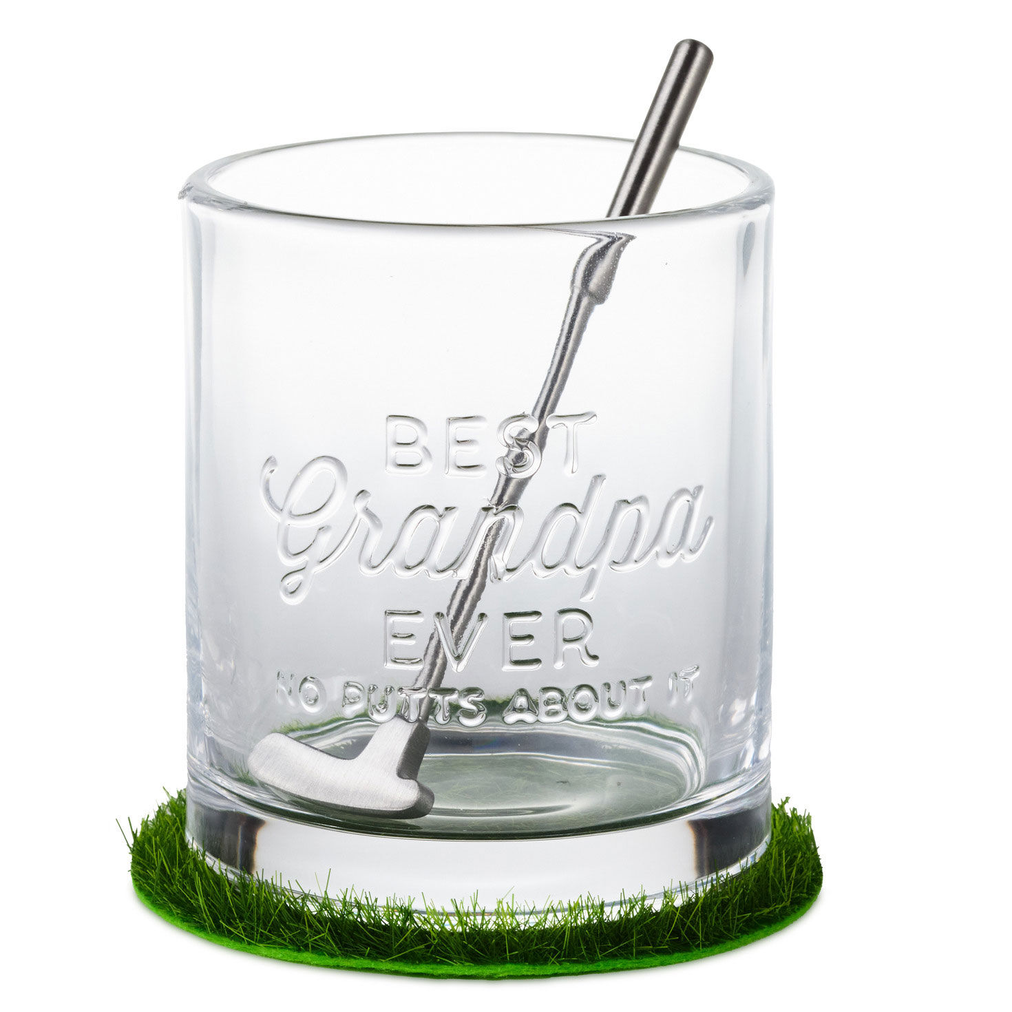 Best Grandpa Ever Lowball Glass With Golf Club Stirrer and Turf Coaster, 8.5 oz.
