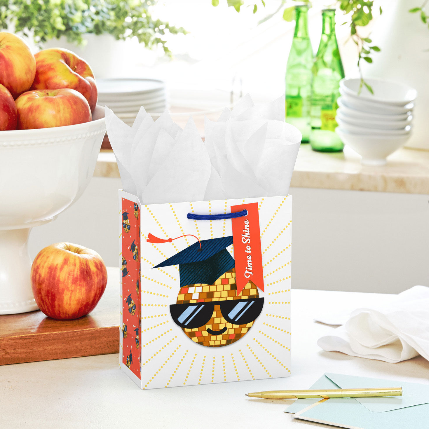 Smiling Disco Ball Sun in Grad Cap Small Gift Bag in use image number 2