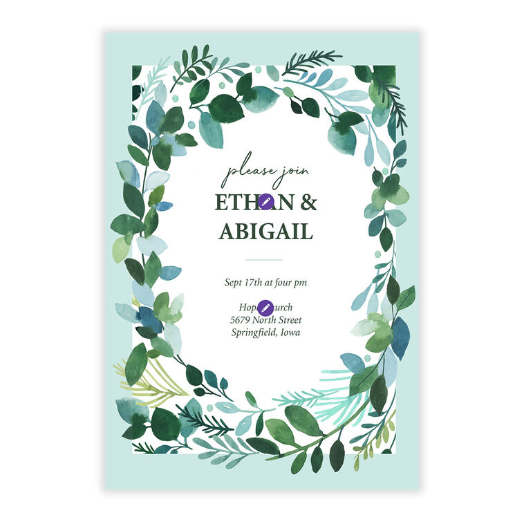 Eucalyptus Wreath Personalized Wedding Invitation Card Front indicating personalization image number 5