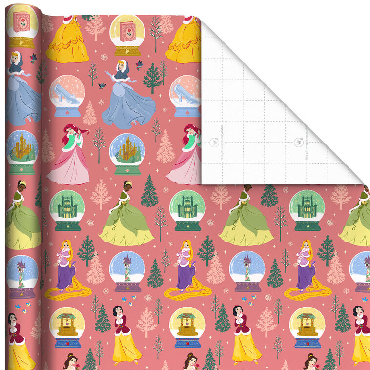 Disney Princess Characters on Coral Christmas Wrapping Paper Roll, 25 sq. ft.