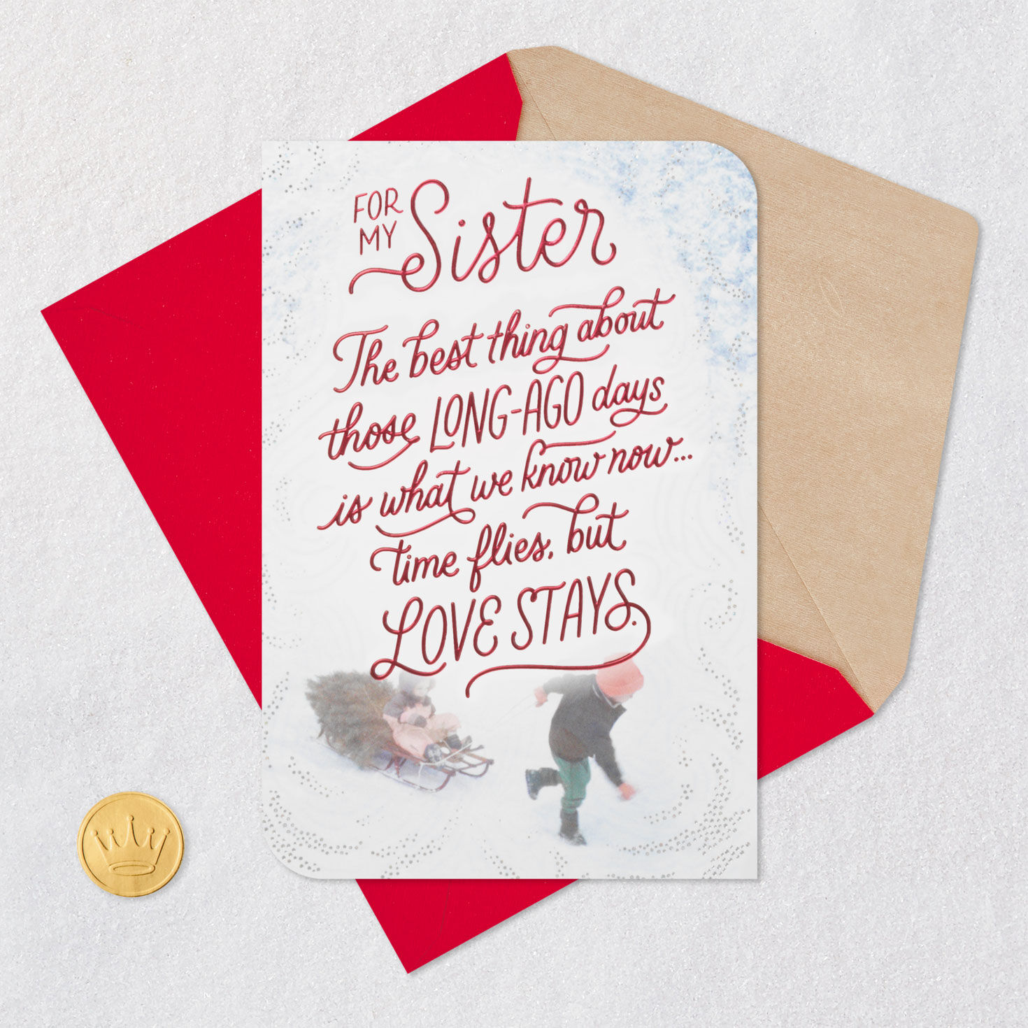 Two Kids and Sled With Tree Christmas Card for Sister Card Front with Envelope and Gold Seal image number 5