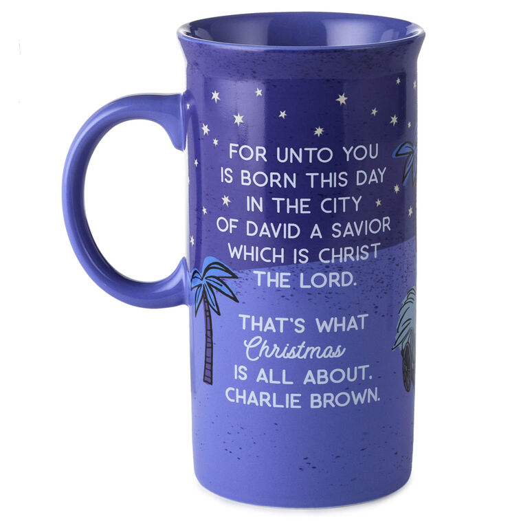 Linus Nativity Speech Scene on Tall Blue Mug back image number 2