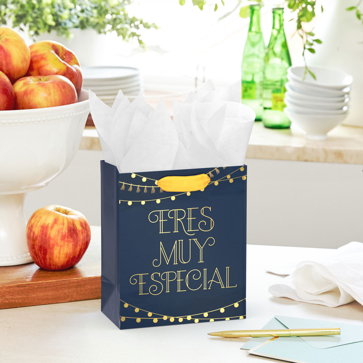 Spanish Language Small Navy Gift Bag in use image number 2