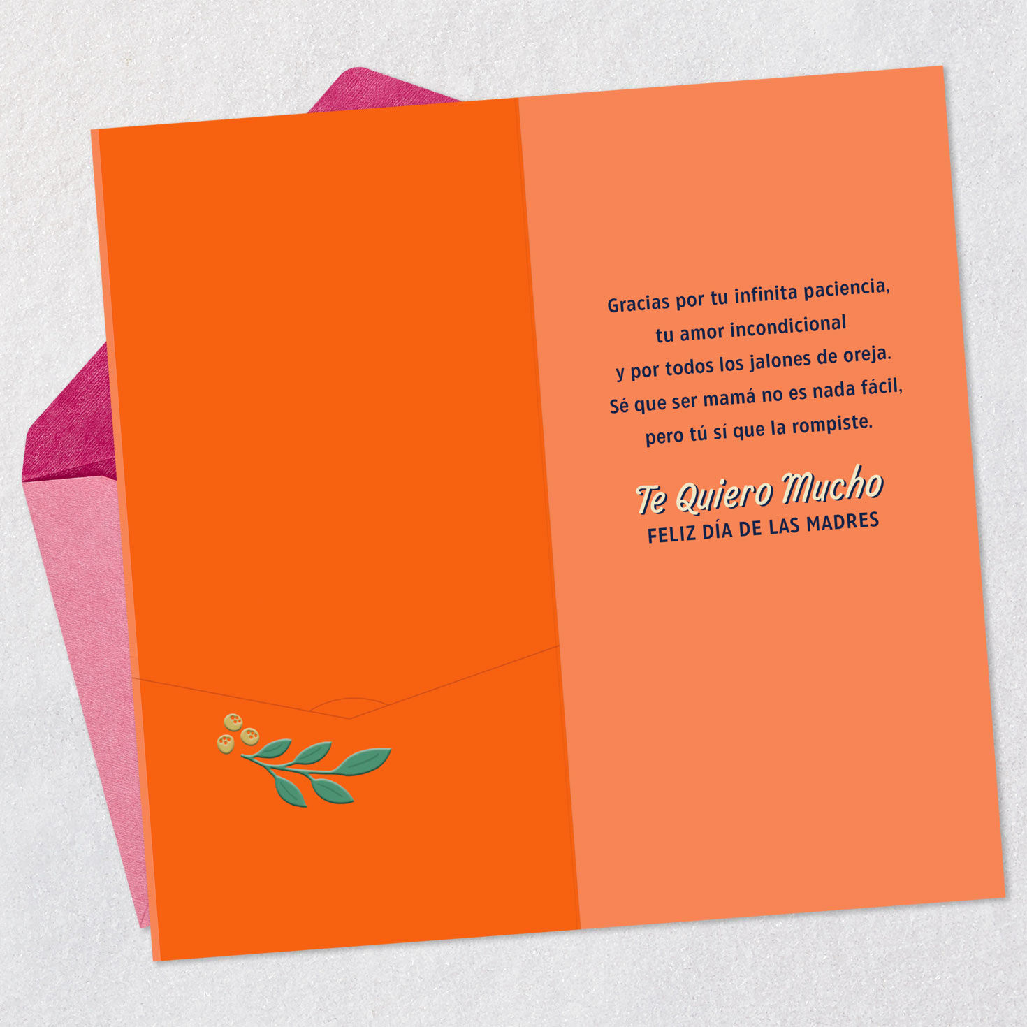 Pink Flower on Orange Mami Mother's Day Card in Spanish open card with envelope image number 3