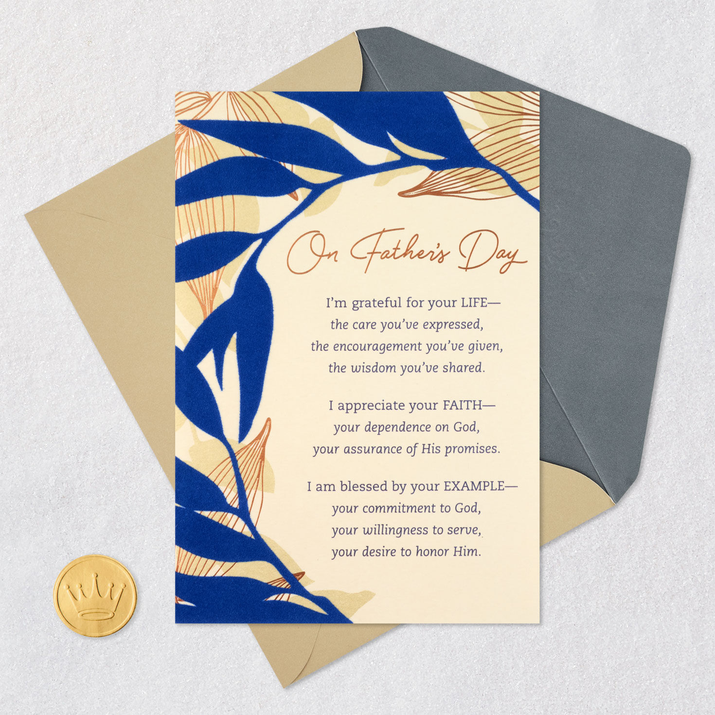 Blue and Copper Leaves Religious Father's Day Card Card Front with Envelope and Gold Seal image number 6