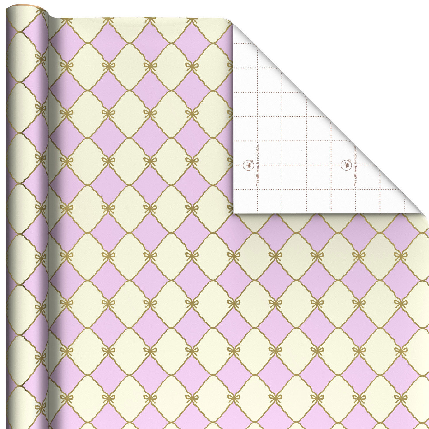 Gold Bow Lattice on Pink and Cream Wrapping Paper Roll, 20 sq. ft.