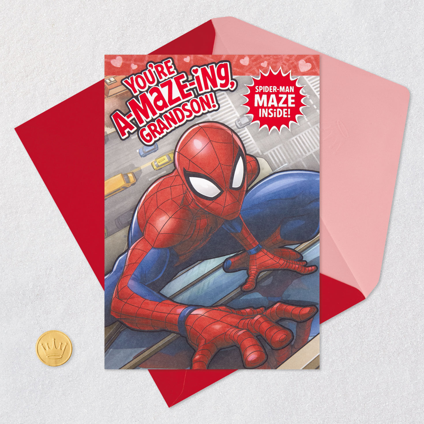Grandson Valentine's Day Card With Spider-Man Maze Card Front with Envelope and Gold Seal image number 5