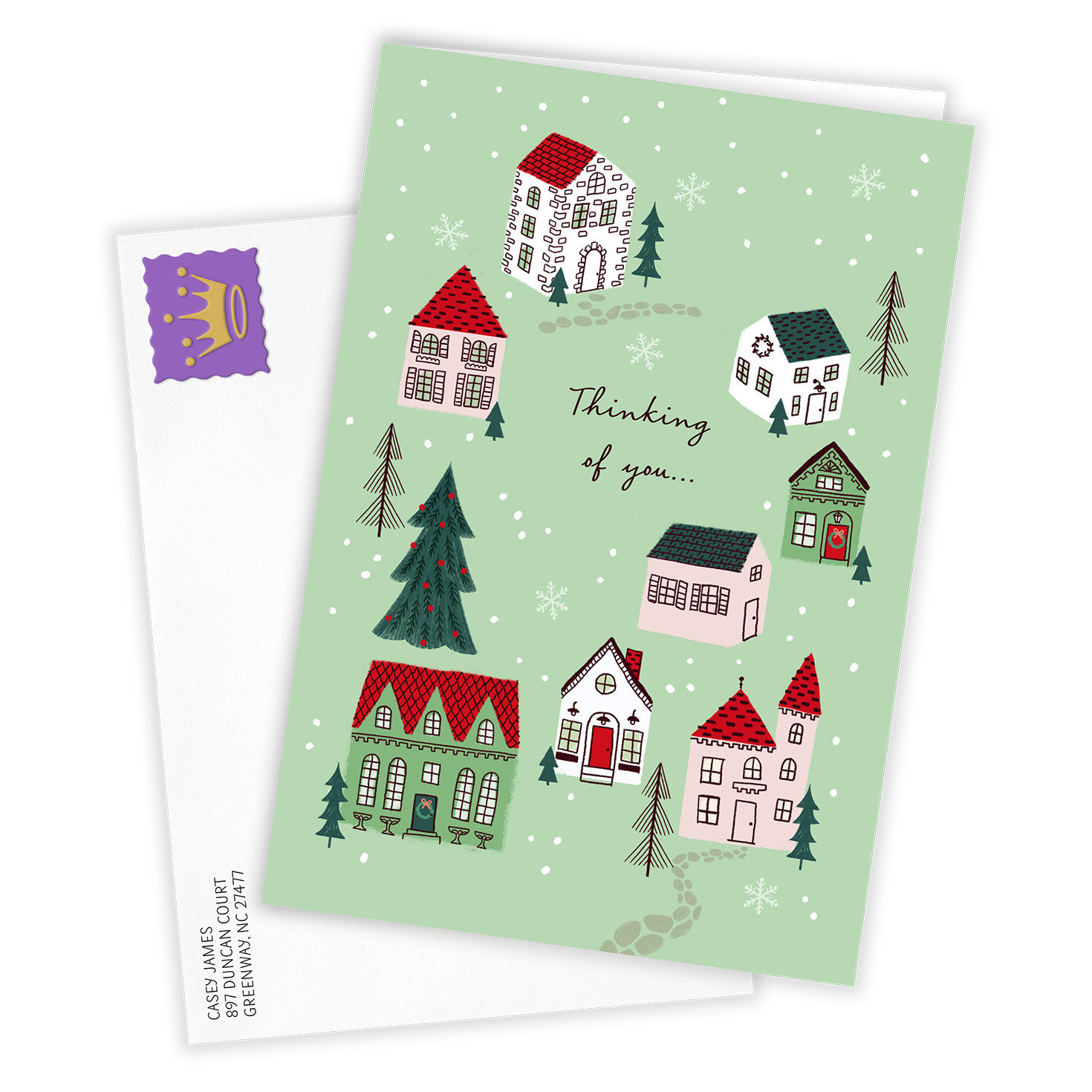 Thinking of You Snowy Village Custom Holiday Card, , large image number 2