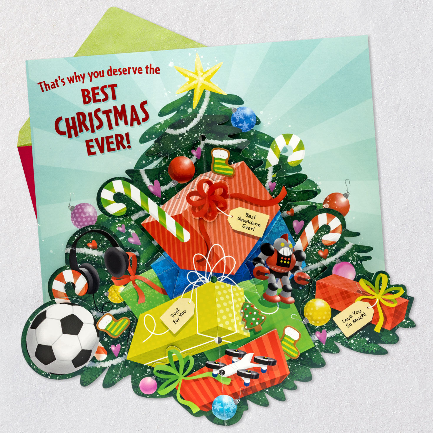 Pop-Up Tree with Gifts Christmas Card for Grandson Open card with envelope image number 2