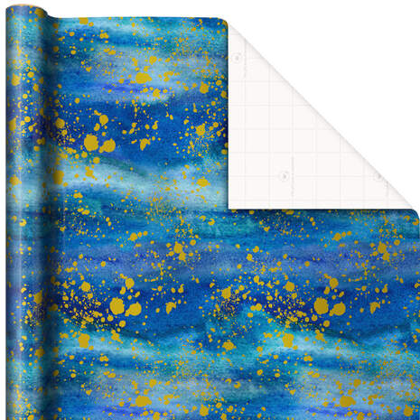 Blue Watercolor With Gold Splatter Wrapping Paper, 20 sq. ft., , large