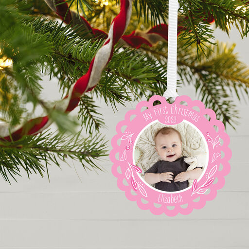 Baby’s First Christmas Pink Scalloped Personalized Text and Photo Metal Ornament, 