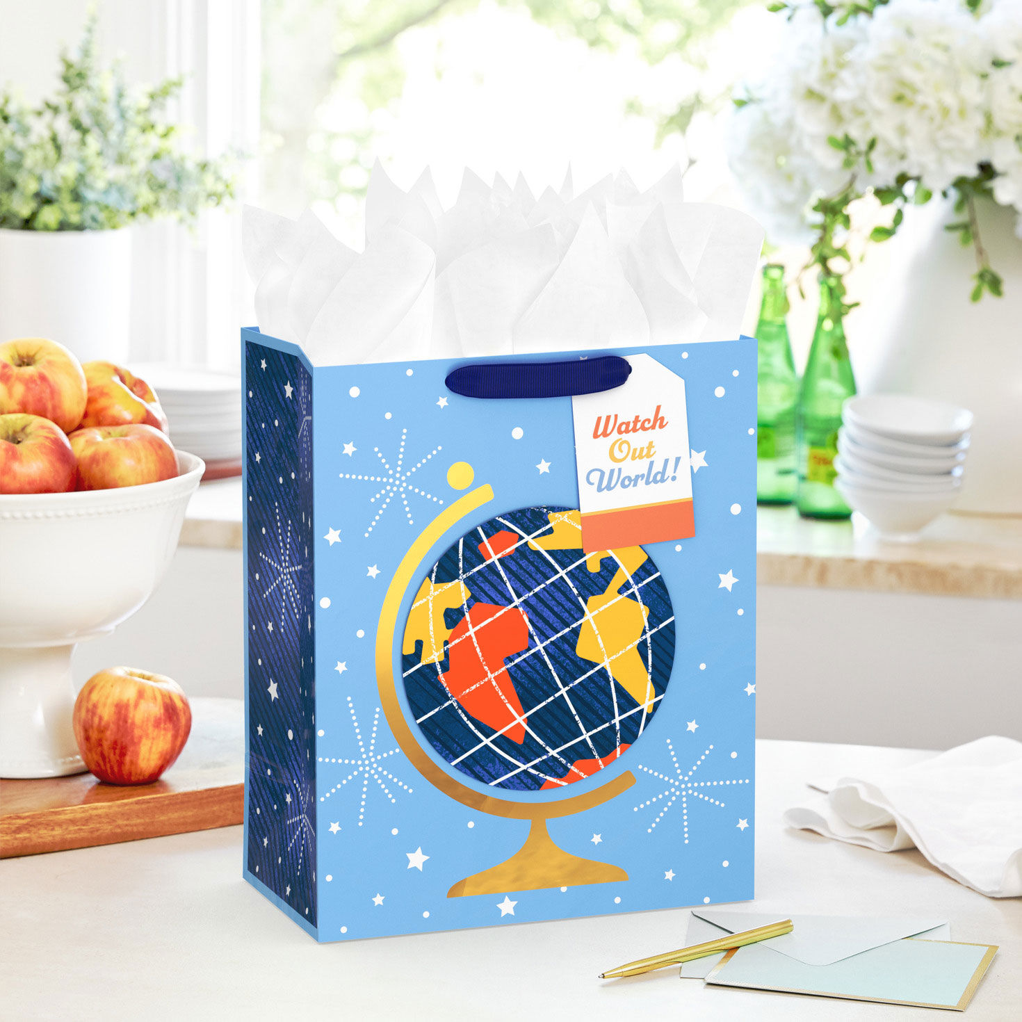 Globe on Blue Large Bag With Watch Out World Tag in use image number 2