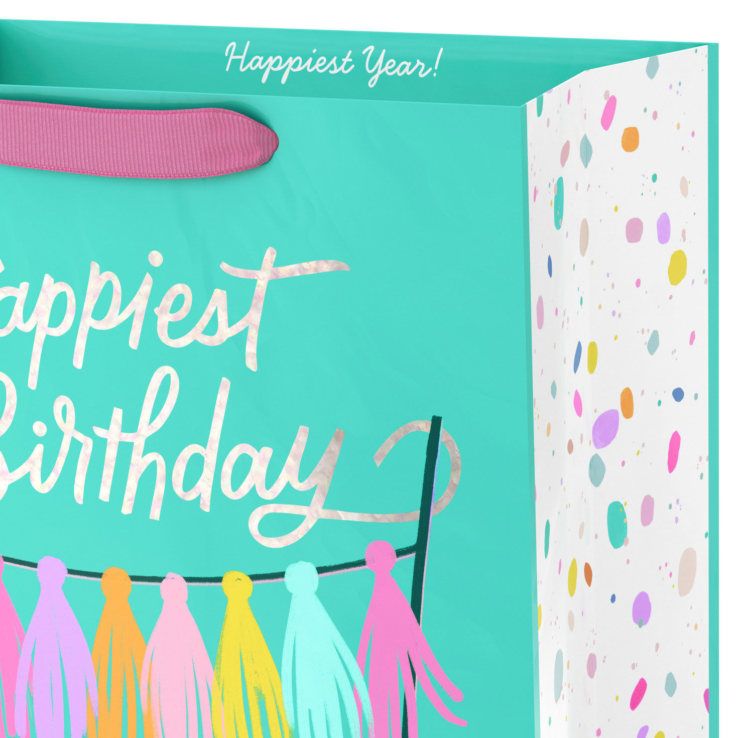Happiest Birthday With Cake on Teal Large Gift Bag Handle Detail image number 4