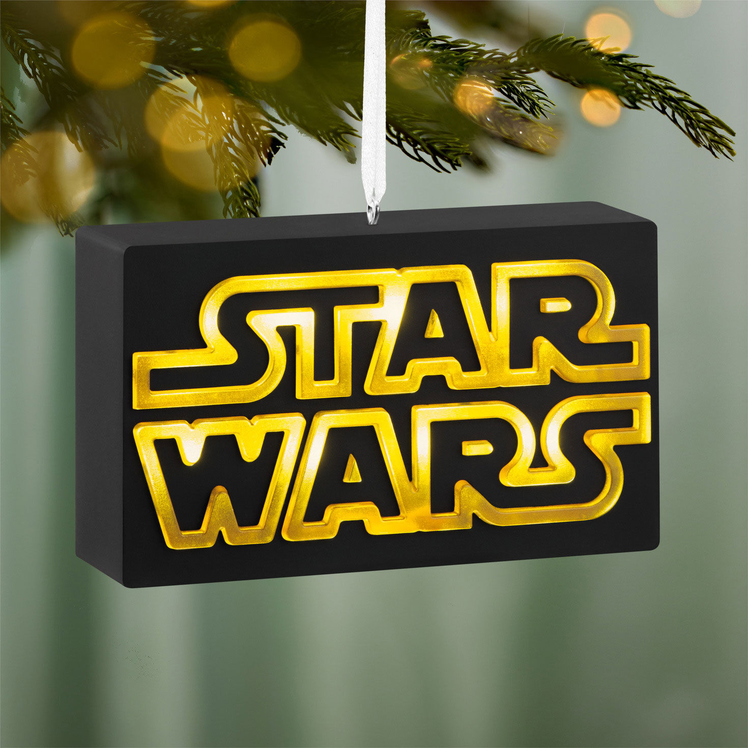 Black Yellow Star Wars Sign Keepsake Ornament hanging on tree image number 2