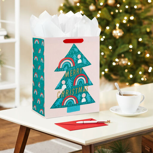 13" Christmas Tree With Rainbows Large Gift Bag, 