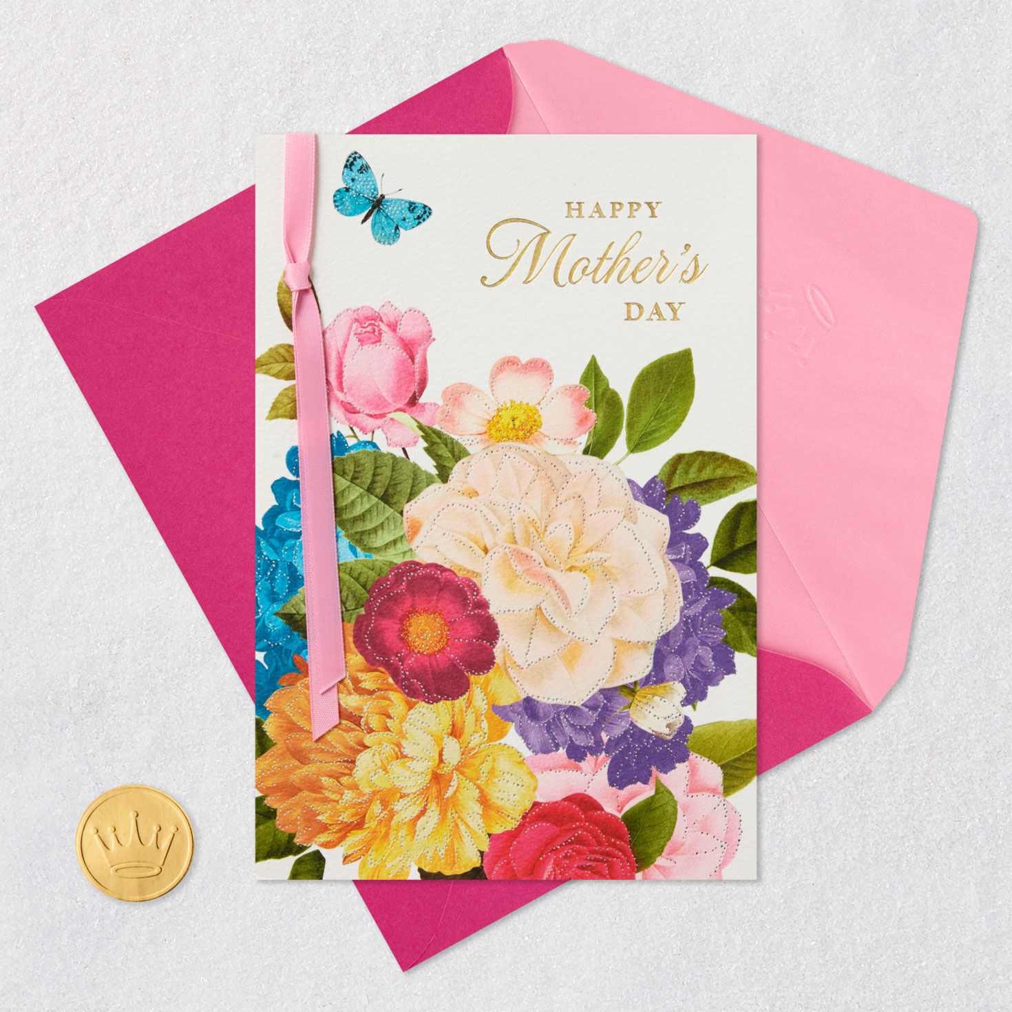 Blue Butterfly and Flowers Happy Mother's Day Card Card Front with Envelope and Gold Seal image number 6