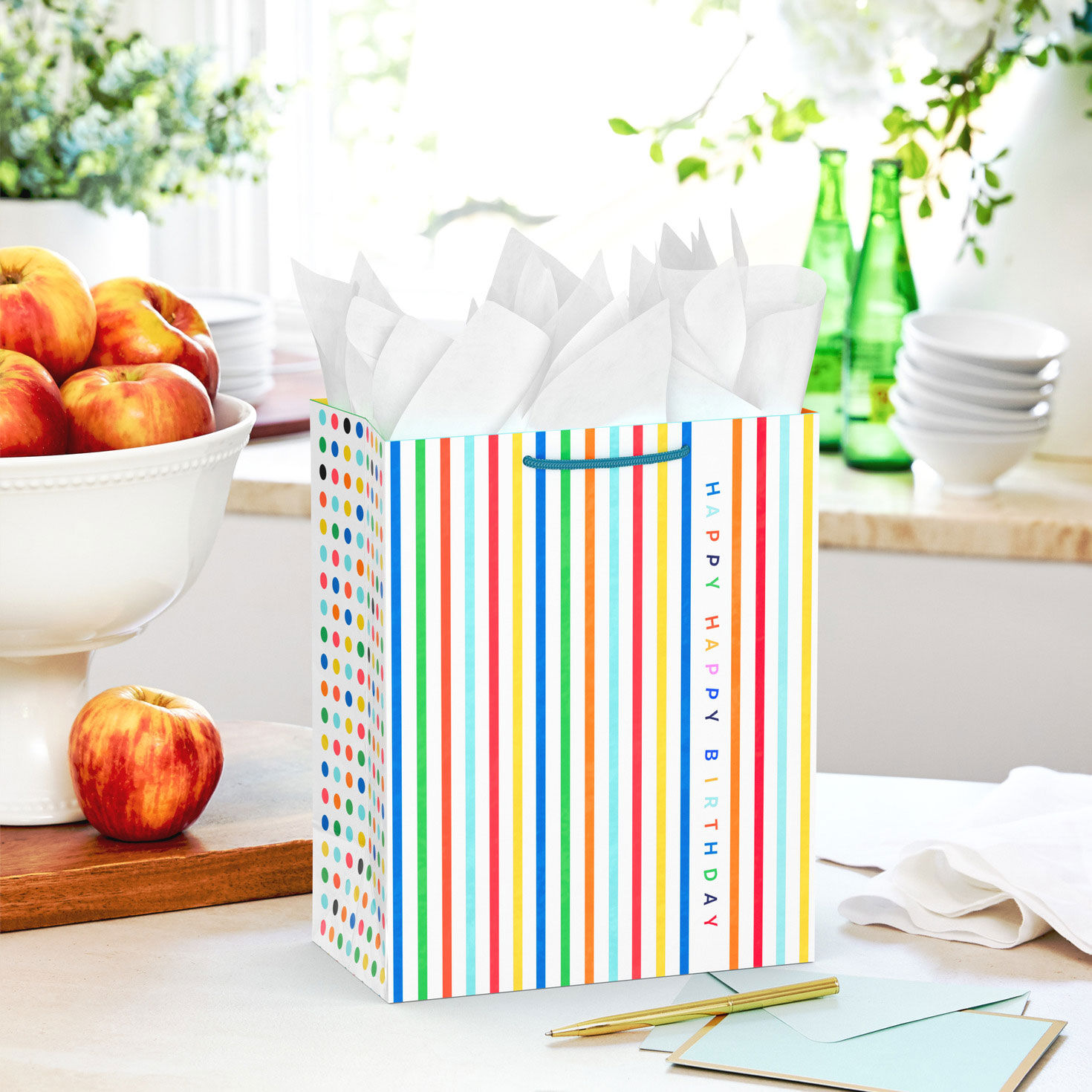 Multicolor Vertical Stripes Medium Birthday Gift Bag in use image number 2