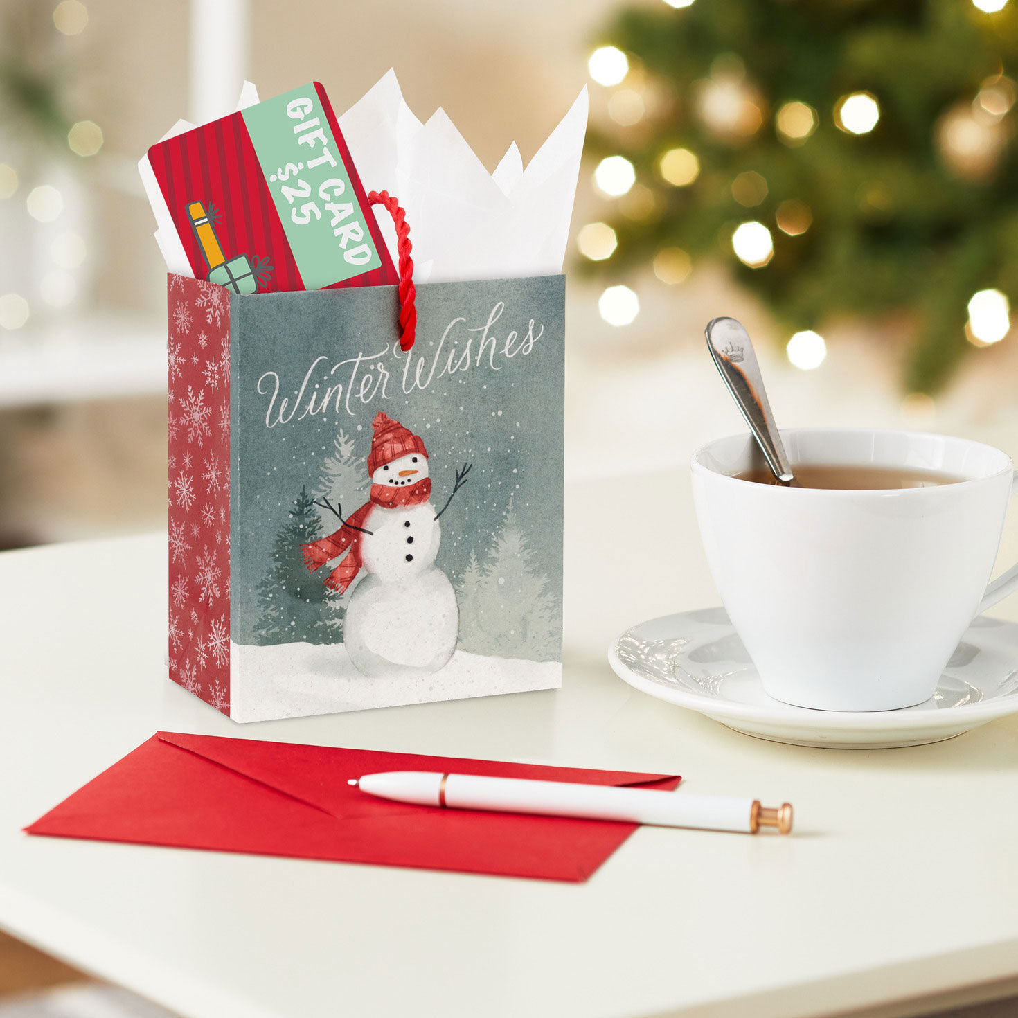 Winter Wishes Snowman Holiday Gift Card Bag In use image number 2
