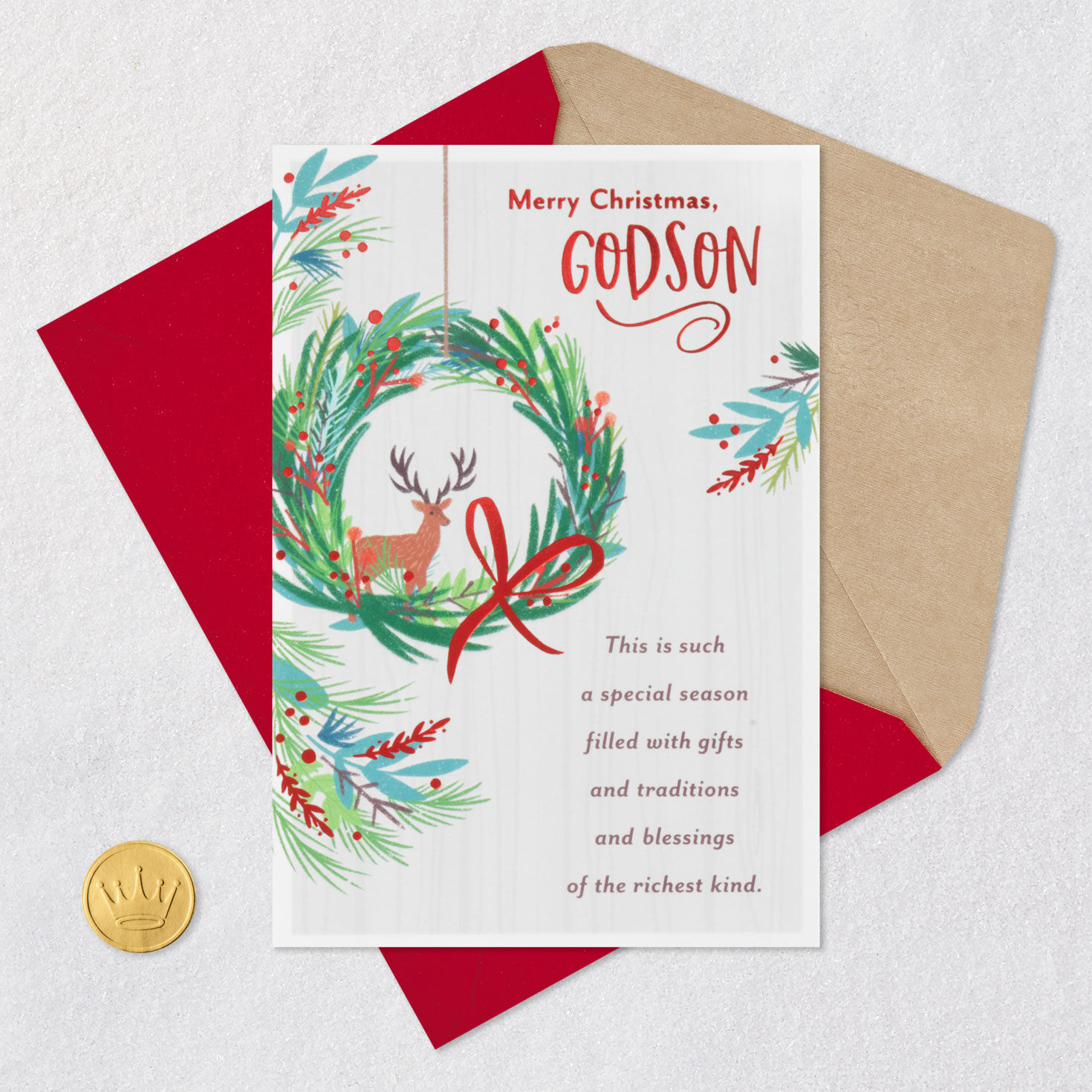 Evergreen Wreath Godson Religious Christmas Card Card Front with Envelope and Gold Seal image number 6