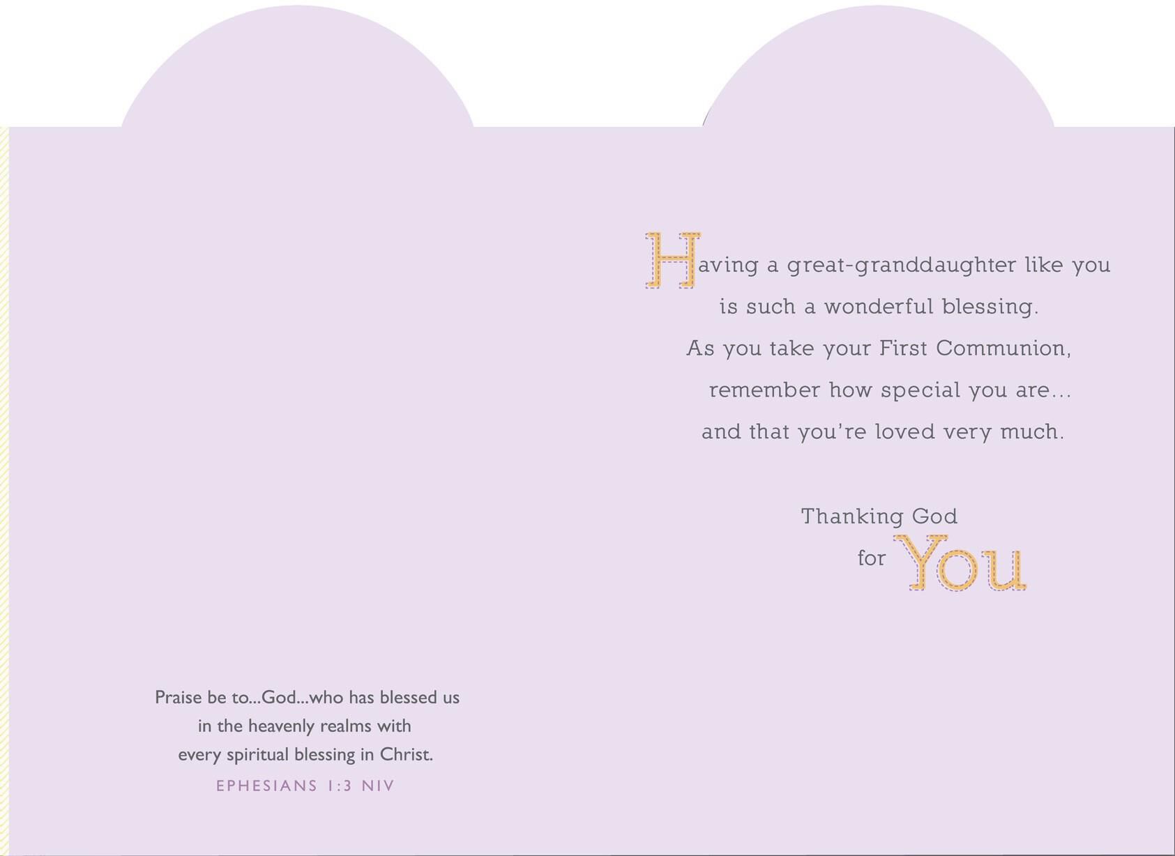 Purple Cross and Flowers First Communion Card for Great-Granddaughter