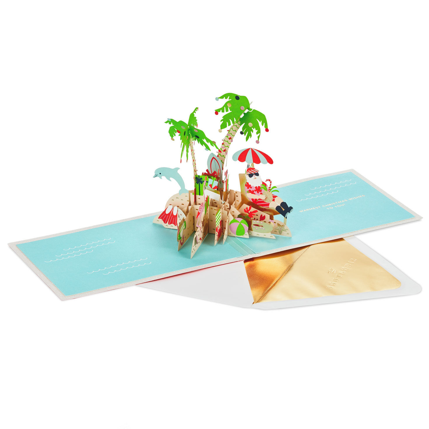 Beach Santa 3D Pop-Up Christmas Card Open card with envelope image number 2
