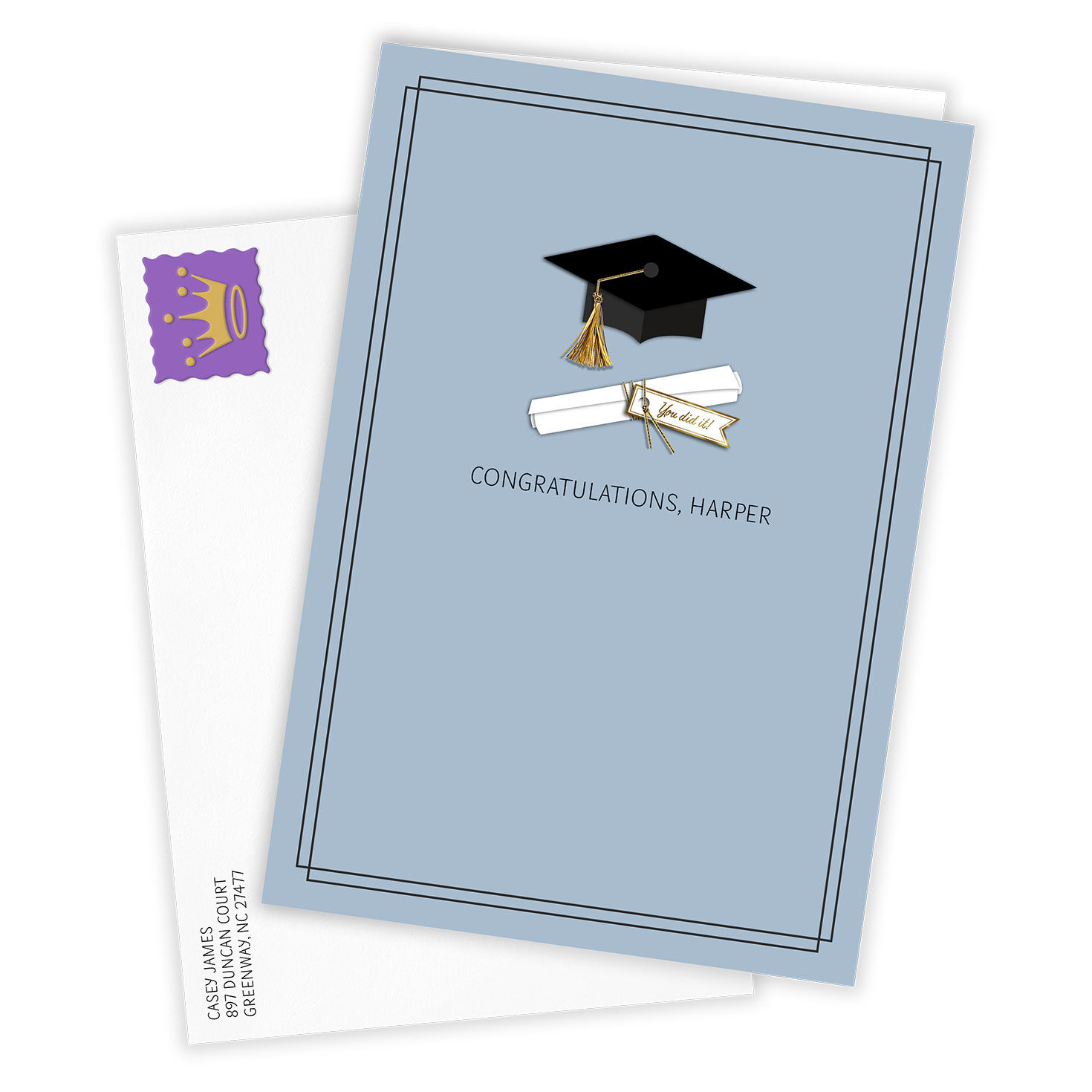Grad Hat Diploma on Blue Personalized Grad Card  Card front with Envelope image number 2