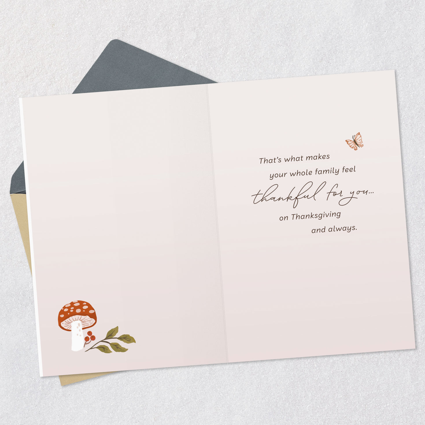 Mushrooms and Leaves Thanksgiving Card for Granddaughter Open card with envelope image number 3