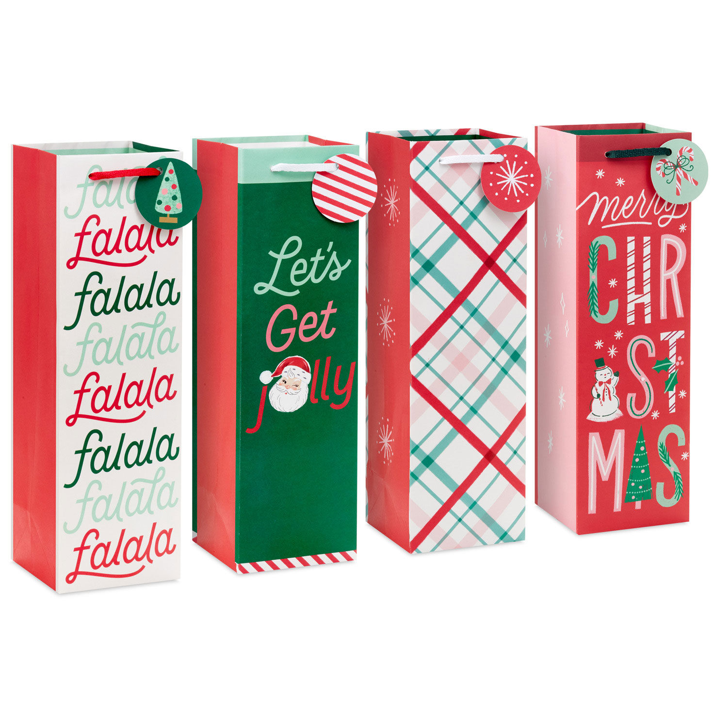 13" Festive Red and Green 4-Pack Assortment Christmas Wine Gift Bag Bundle