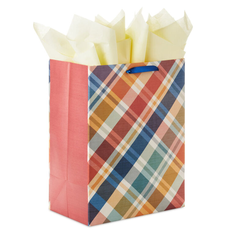 17" Brown and Blue Plaid Extra-Deep Gift Bag With Tissue Paper, , large image number 6