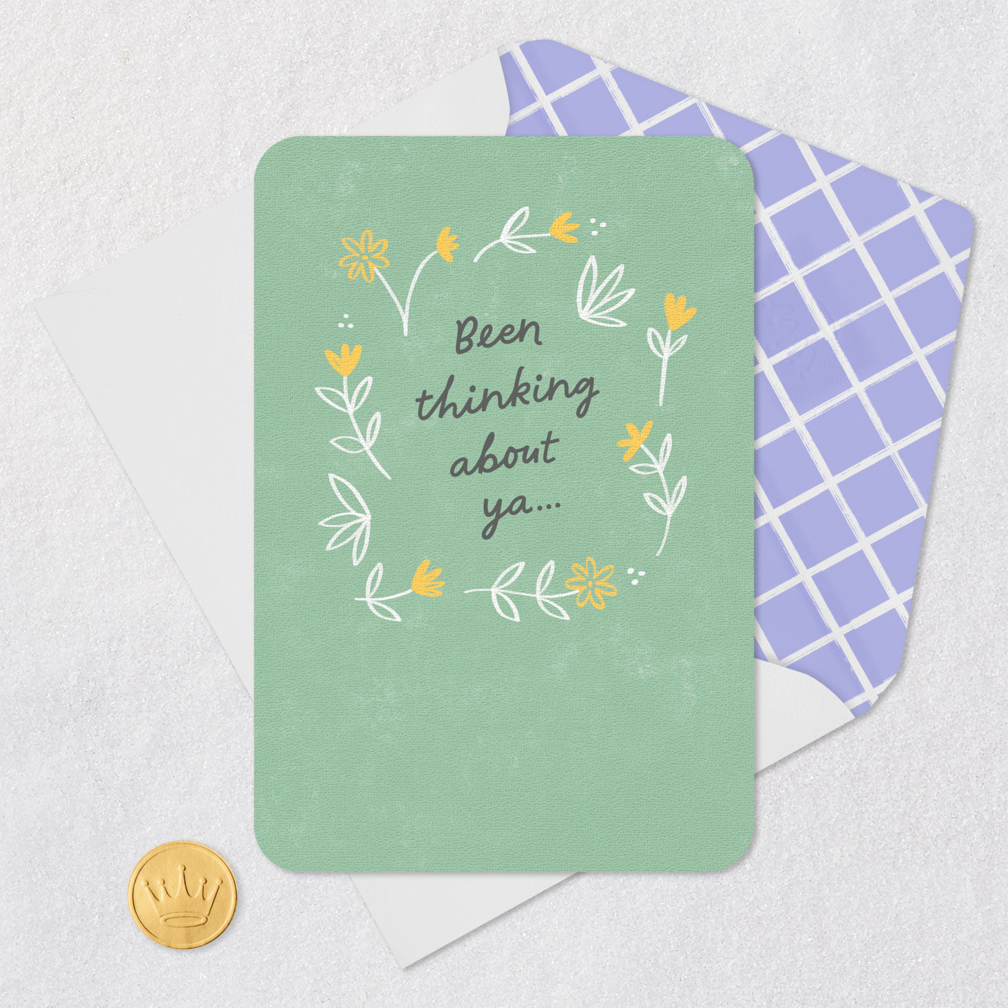 Flowers on Green Thinking of You Card Card Front with Envelope and Gold Seal image number 5