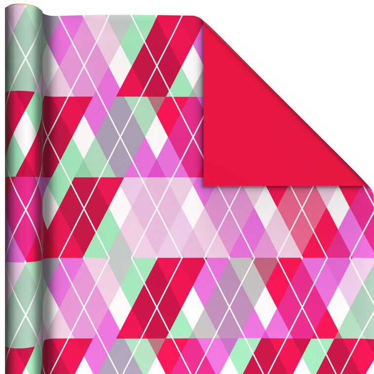 Colorful Argyle/Solid Red Holiday Reversible Wrapping Paper Roll, 30 sq. ft.