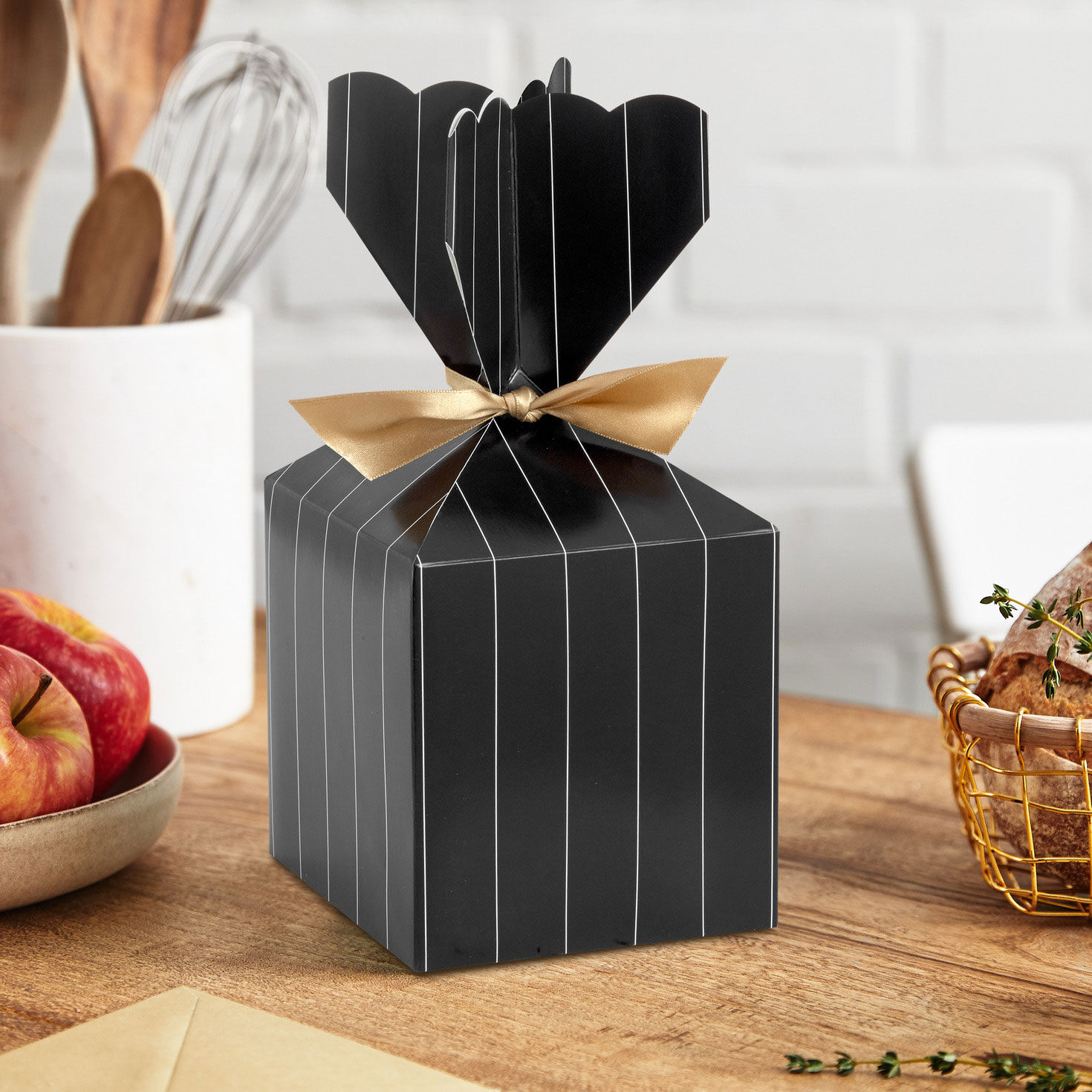 Gold Pinstripe on Black Vertical Treat Box With Tie  image number 2