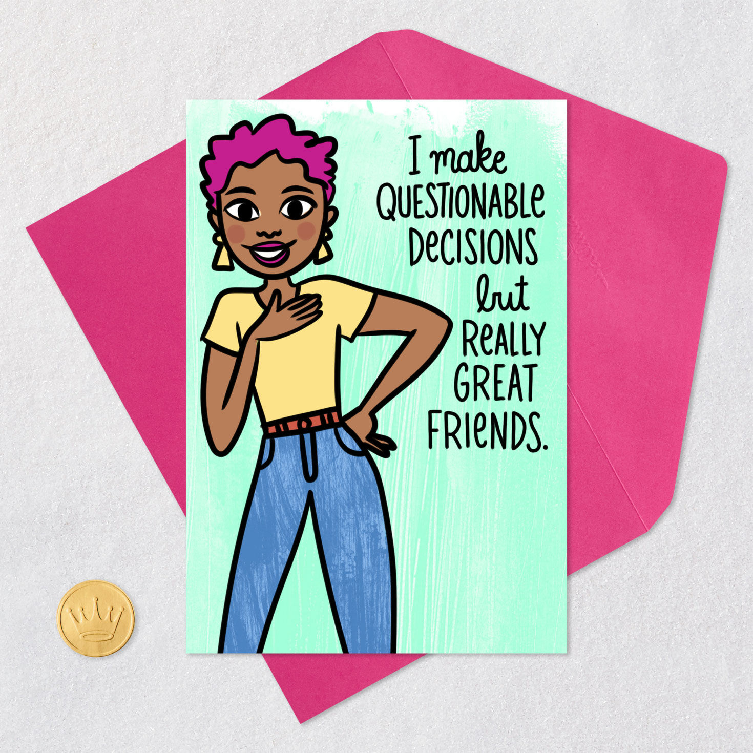 Illustration of Woman Funny Birthday Card Card Front with Envelope and Gold Seal image number 5