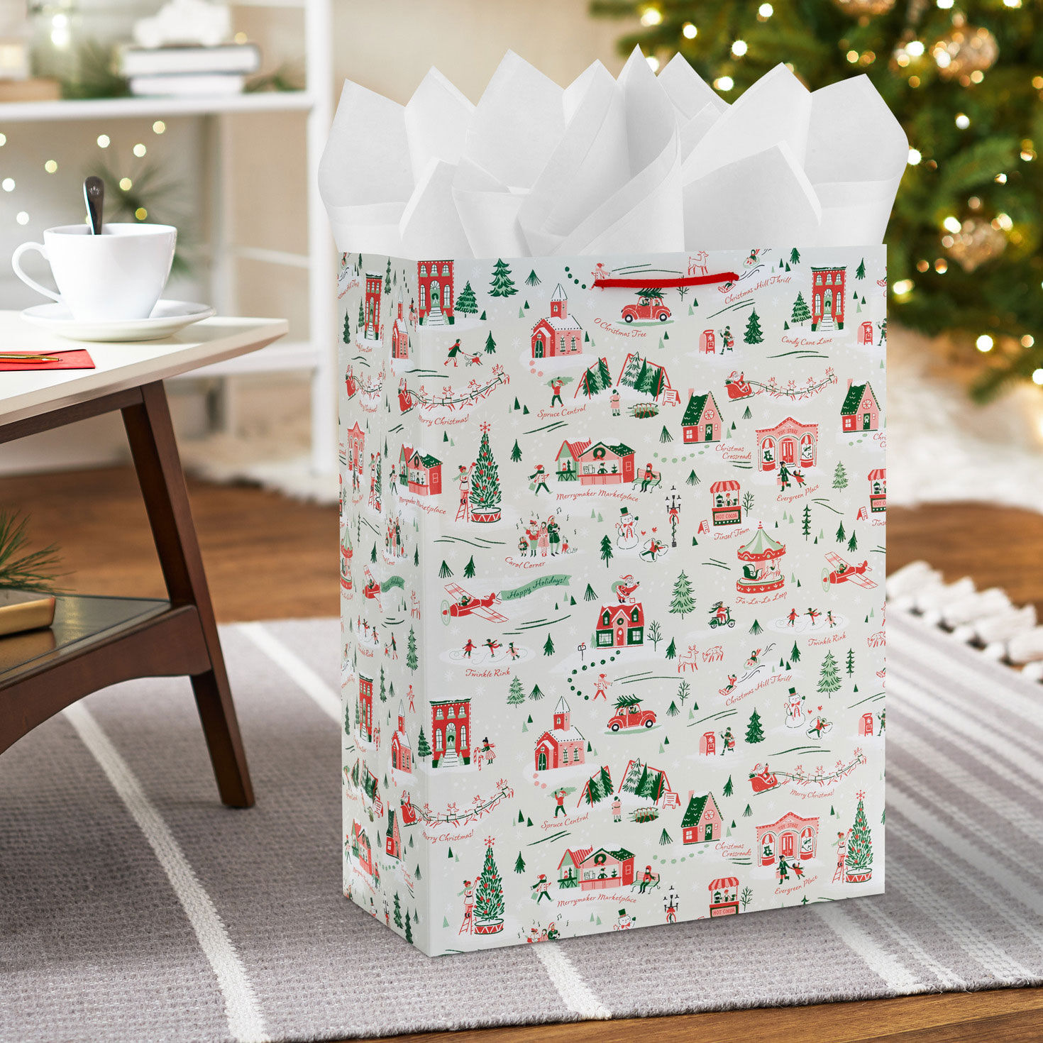 Festive Holiday Toile Jumbo Christmas Gift Bag In use image number 2