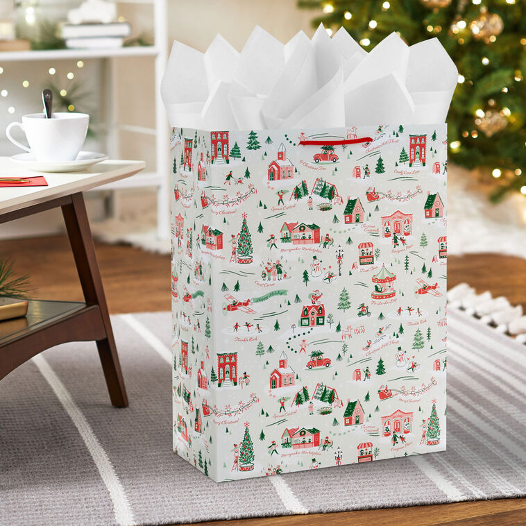 Festive Holiday Toile Jumbo Christmas Gift Bag In use image number 2