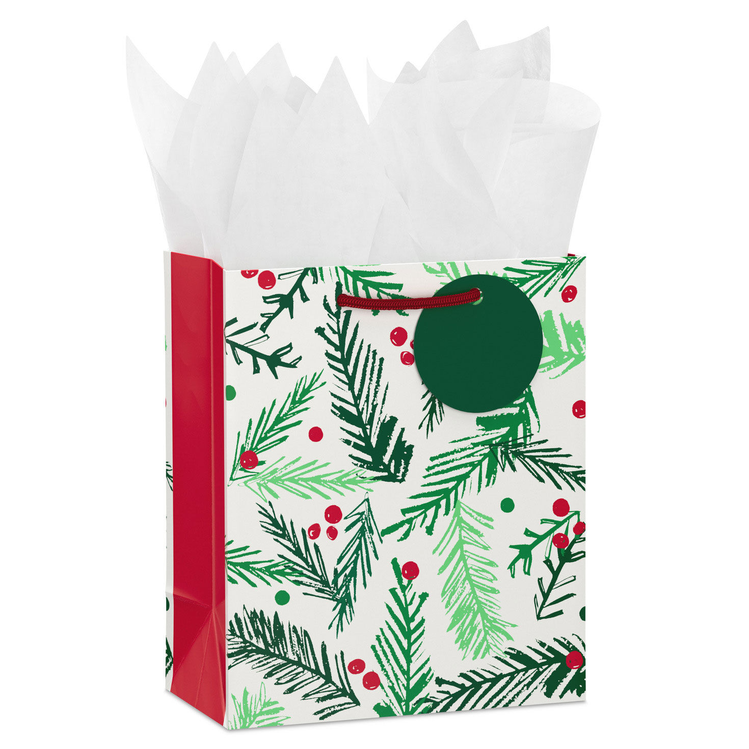 6.5" Evergreen Sprigs Small Christmas Gift Bag With Gift Tag and Tissue Paper