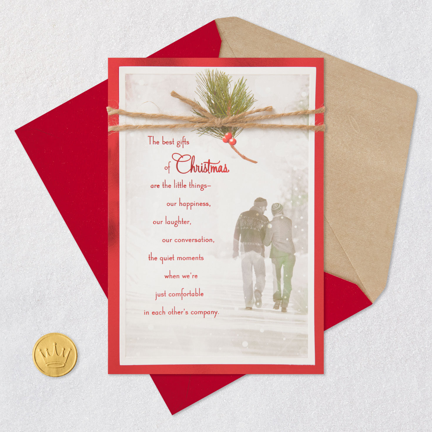 Couple in Snow Romantic Christmas Card Card Front with Envelope and Gold Seal image number 5