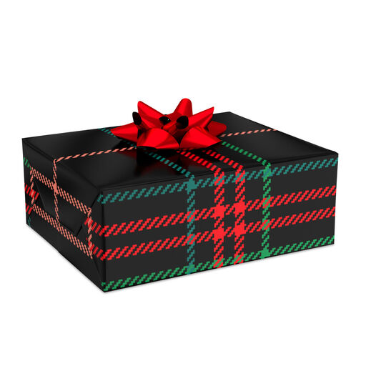 Holiday Plaid on Black Christmas Wrapping Paper, 40 sq. ft., 