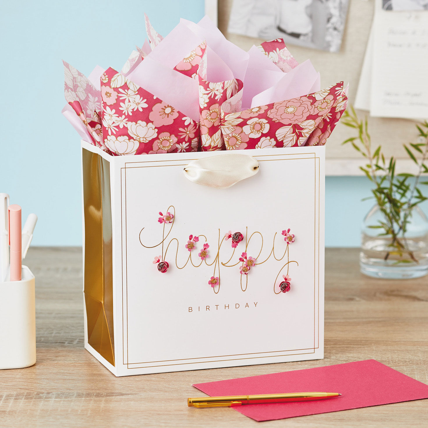 Medium Square Happy Birthday Gift Bag With 3D Flowers in use image number 2