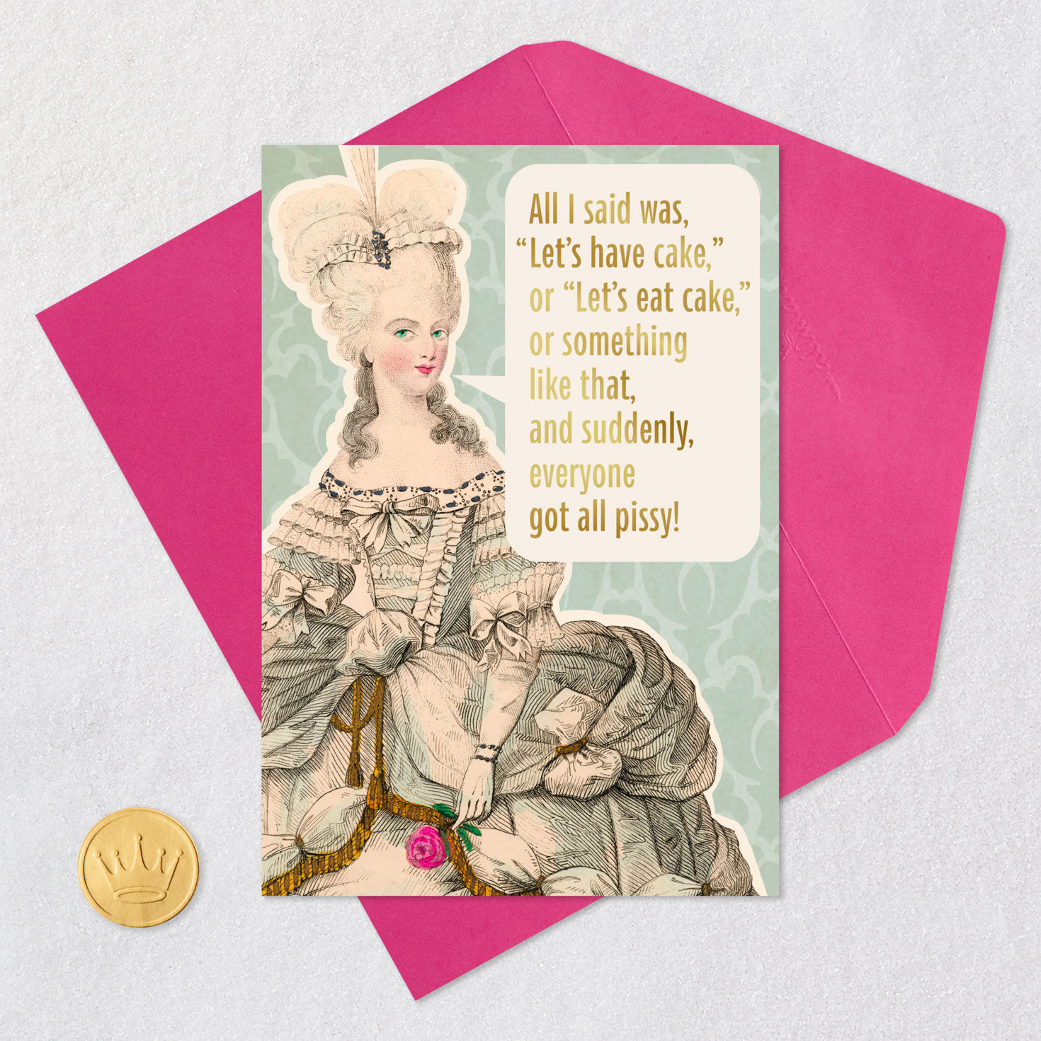 Marie Antoinette Eat Cake Funny Birthday Card Card Front with Envelope and Gold Seal image number 5
