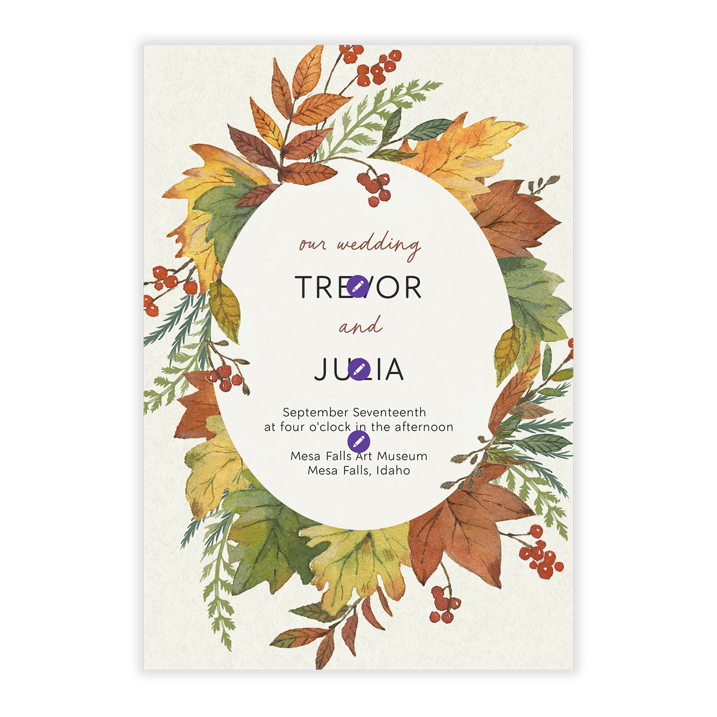 Autumn Leaves Wreath Personalized Wedding Invitation Card Front indicating personalization image number 5