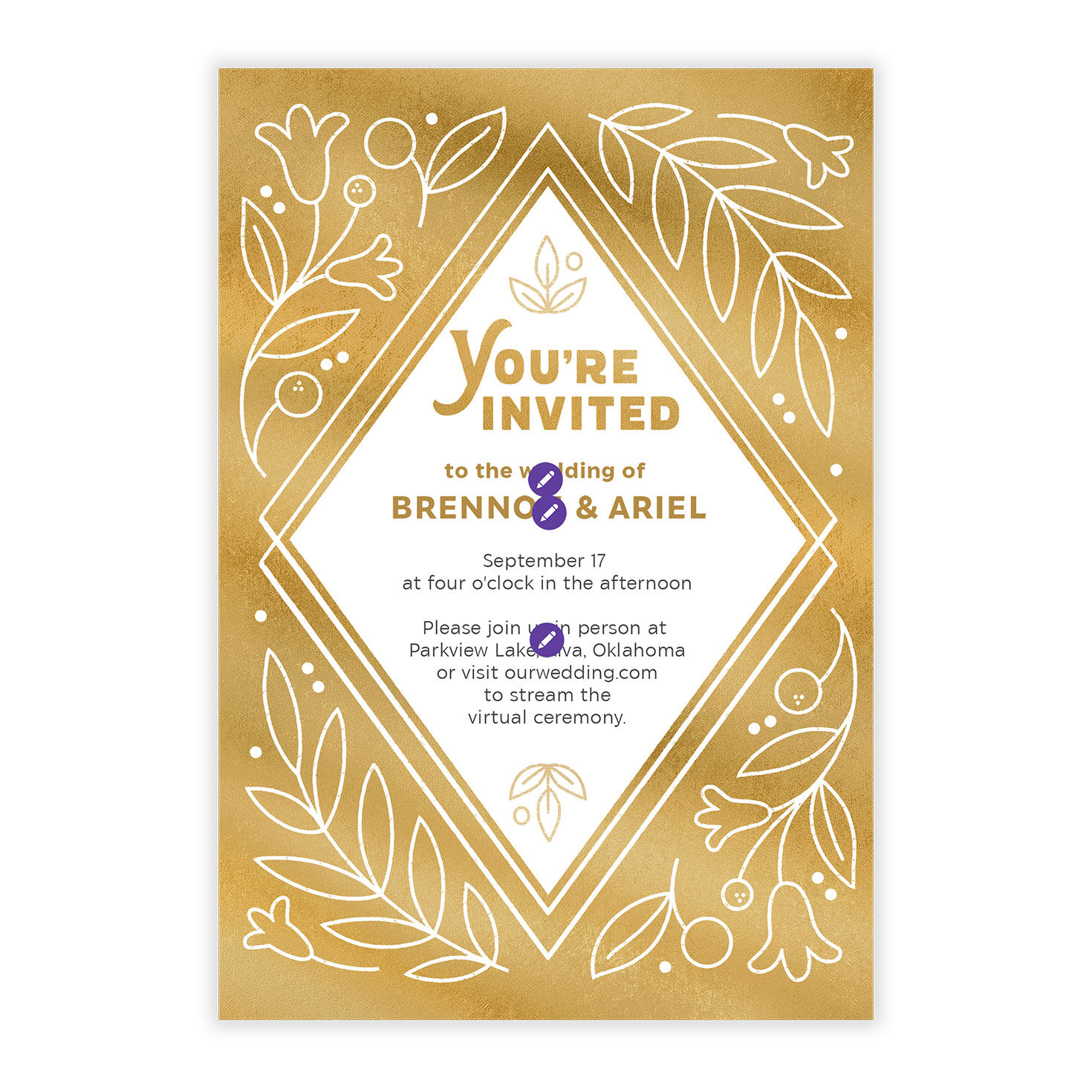 Gold White Diamond Personalized Wedding Invitation Card Front indicating personalization image number 5